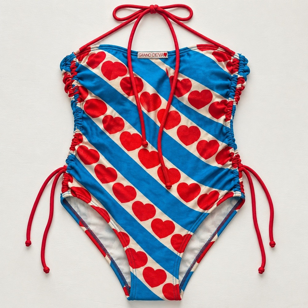 Vtg Gitano Eva Kids Girl Heart Print One Piece Swimsuit Blue Red White Halter